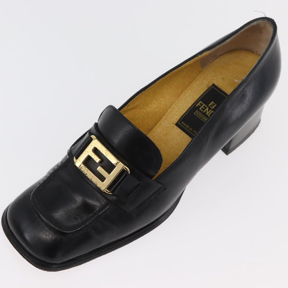 FENDI Loafers Leather 36 1/2 Black Auth 179329