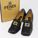 FENDI Loafers Leather 36 1/2 Black Auth 179329-36