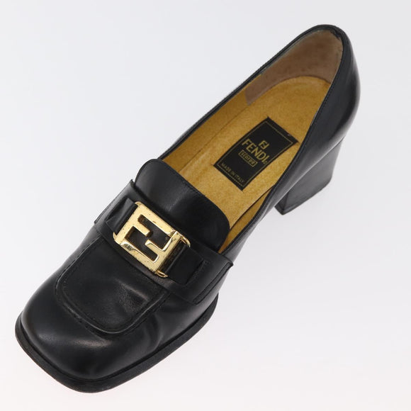 FENDI Loafers Leather 36 1/2 Black Auth 179329