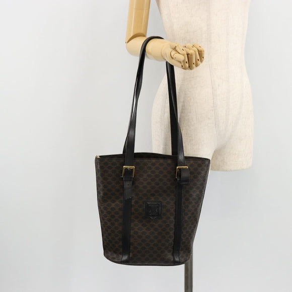 CELINE Macadam Canvas Tote Bag PVC Leather Black Gold Auth 179349