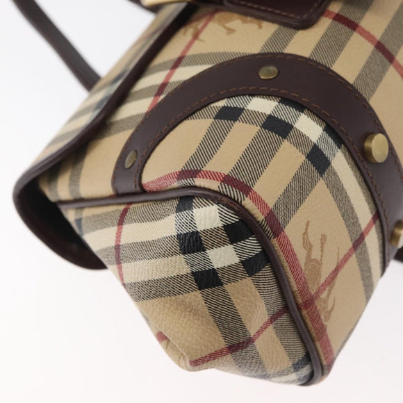 BURBERRY Nova Check Hand Bag PVC Beige Gold Auth 179373A