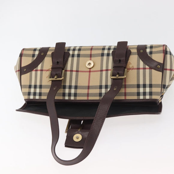 BURBERRY Nova Check Hand Bag PVC Beige Gold Auth 179373A