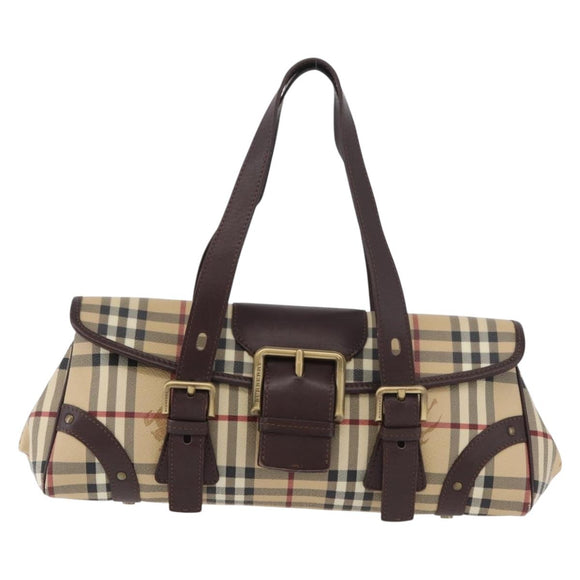 BURBERRY Nova Check Hand Bag PVC Beige Gold Auth 179373A