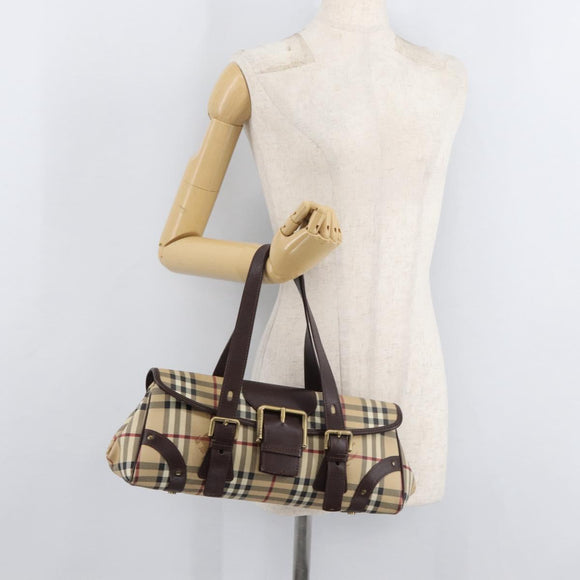 BURBERRY Nova Check Hand Bag PVC Beige Gold Auth 179373A