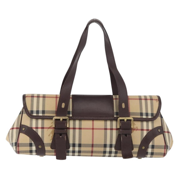 BURBERRY Nova Check Hand Bag PVC Beige Gold Auth 179373A