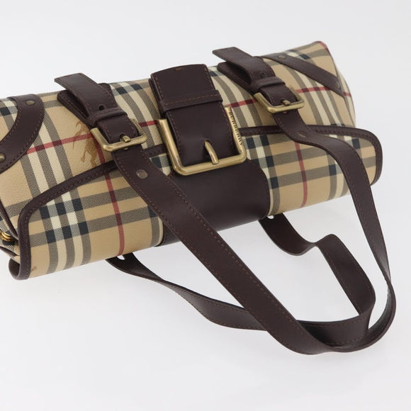 BURBERRY Nova Check Hand Bag PVC Beige Gold Auth 179373A