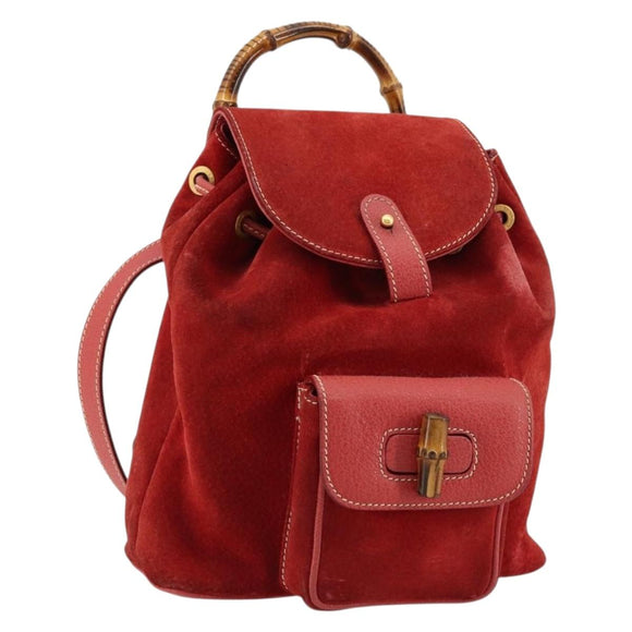 GUCCI Bamboo Backpack Suede Red Gold 003 1956 0030 Auth 179385