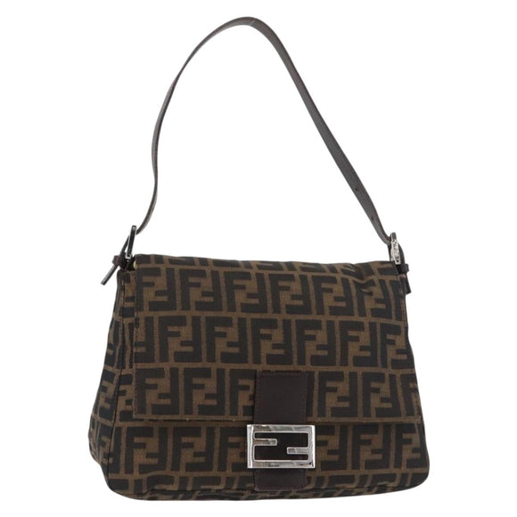 FENDI Zucca Canvas Mamma Baguette Schoudertas Zwart Bruin Auth 179387V