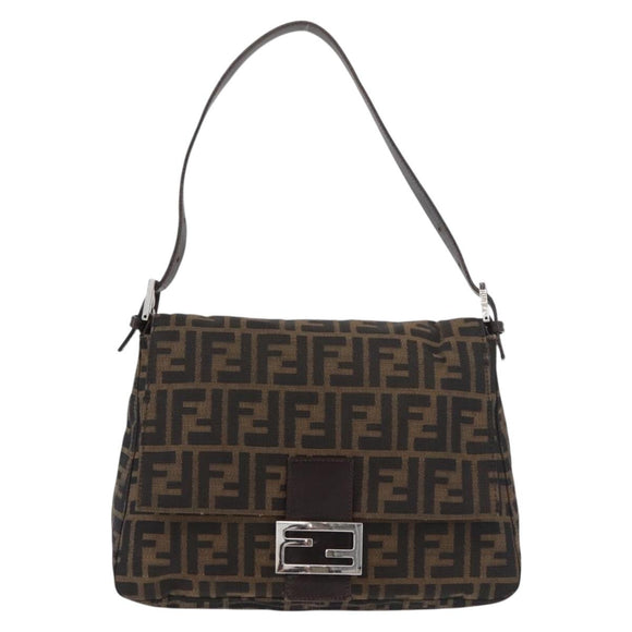 FENDI Zucca Canvas Mamma Baguette Schoudertas Zwart Bruin Auth 179387V