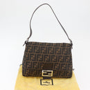 FENDI Zucca Canvas Mamma Baguette Schoudertas Zwart Bruin Auth 179387V-12