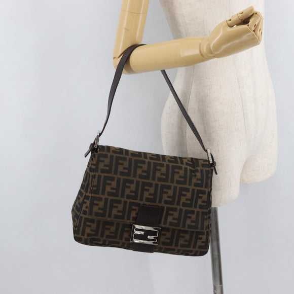 FENDI Zucca Canvas Mamma Baguette Schoudertas Zwart Bruin Auth 179387V