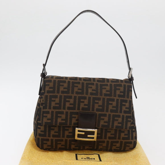 FENDI Zucca Canvas Mamma Baguette Shoulder Bag Black Brown Auth 179388SAV