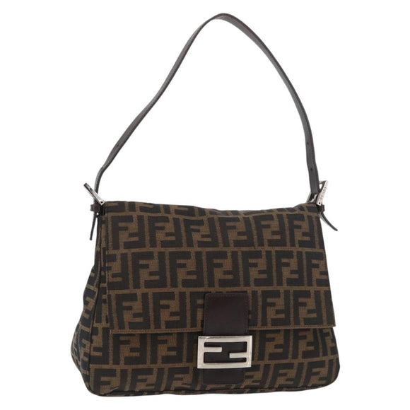 FENDI Zucca Canvas Mamma Baguette Shoulder Bag Black Brown Auth 179389V