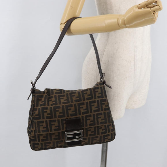 FENDI Zucca Canvas Mamma Baguette Shoulder Bag Black Brown Auth 179389V