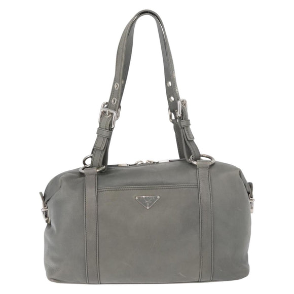 PRADA Hand Bag Leather Gray Silver Auth 179402A