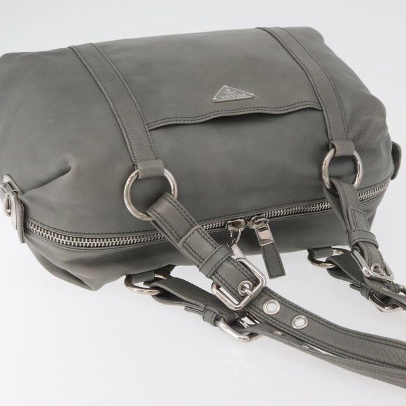 PRADA Hand Bag Leather Gray Silver Auth 179402A