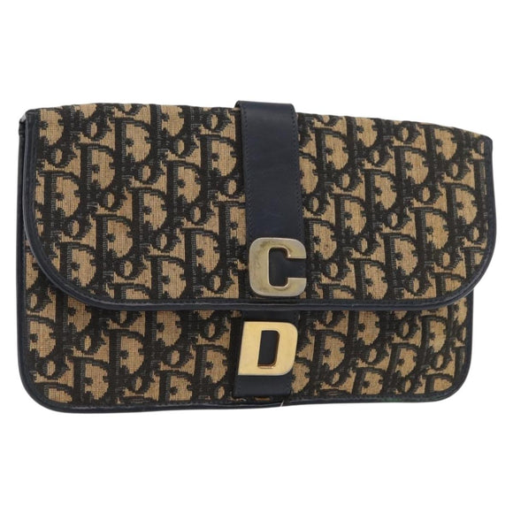 Christian Dior Trotter Canvas Clutch Bag Navy Gold Auth 179422