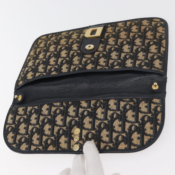 Christian Dior Trotter Canvas Clutch Bag Navy Gold Auth 179422