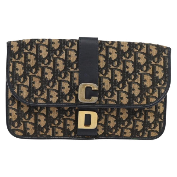 Christian Dior Trotter Canvas Clutch Bag Navy Gold Auth 179422