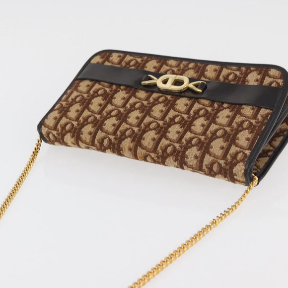 Christian Dior Trotter Canvas Chain Shoulder Bag Brown Gold Auth 179423