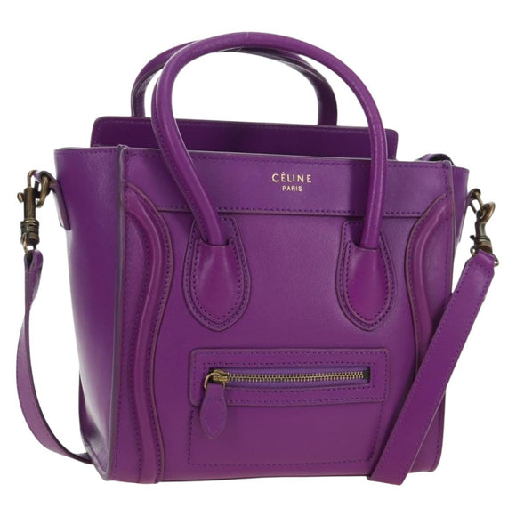 CELINE Luggage Micro Shopper Hand Bag Leather 2way Purple Gold Auth 179426SAV