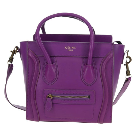 CELINE Luggage Micro Shopper Hand Bag Leather 2way Purple Gold Auth 179426SAV