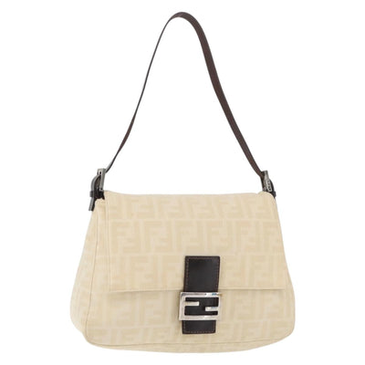 FENDI Zucca Canvas Mamma Baguette Shoulder Bag Beige Silver Auth 179443V