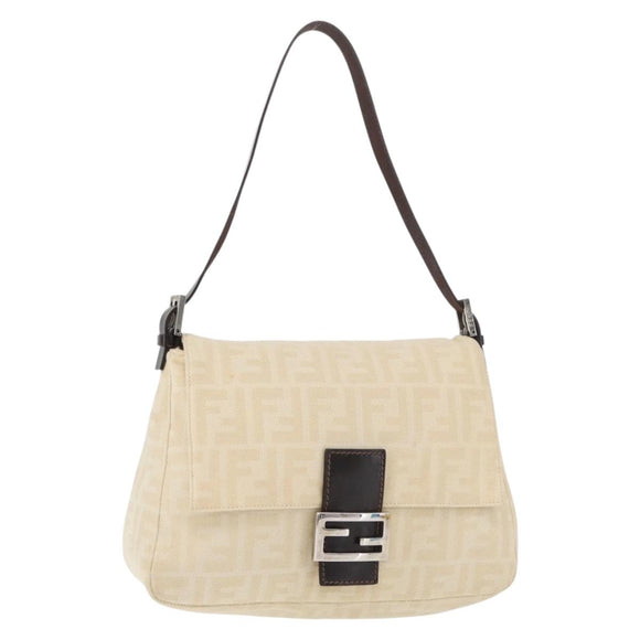 FENDI Zucca Canvas Mamma Baguette Shoulder Bag Beige Silver Auth 179443V