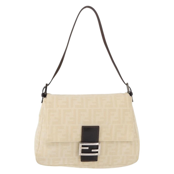 FENDI Zucca Canvas Mamma Baguette Shoulder Bag Beige Silver Auth 179443V