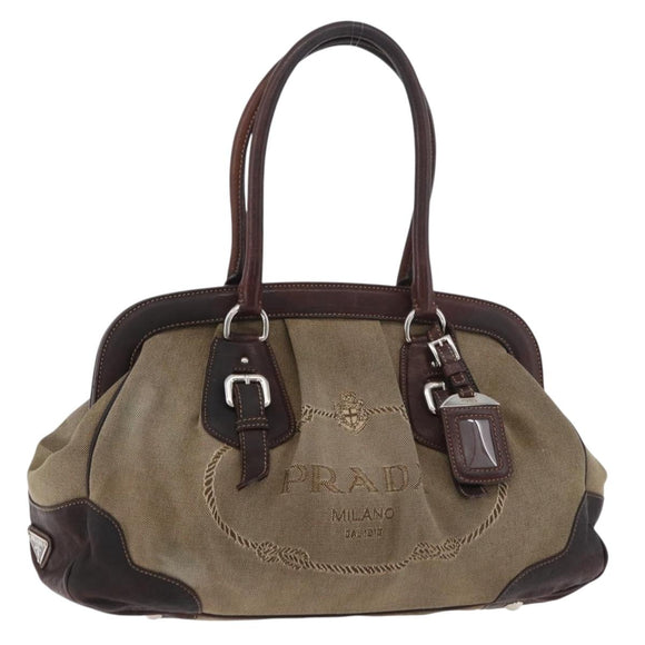 PRADA Hand Bag Canvas Beige Silver Auth 179446