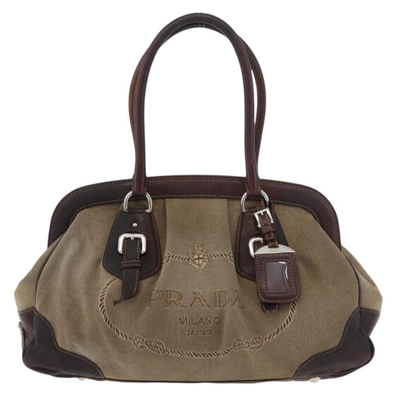PRADA Hand Bag Canvas Beige Silver Auth 179446