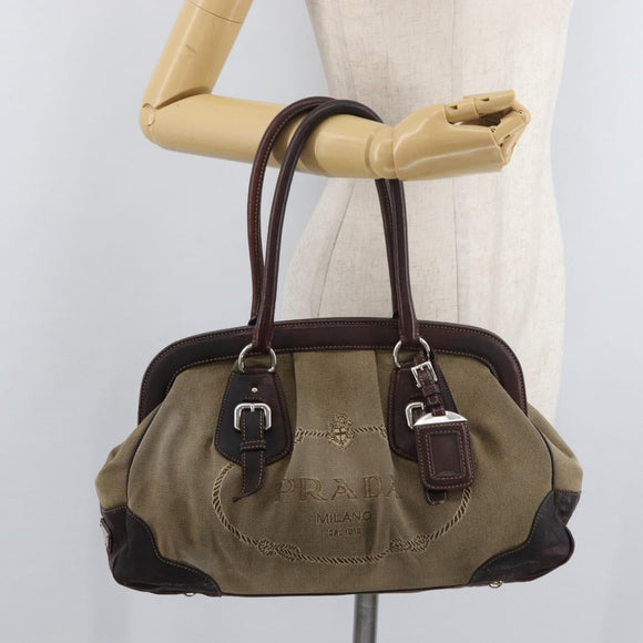 PRADA Hand Bag Canvas Beige Silver Auth 179446