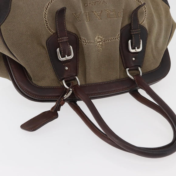 PRADA Hand Bag Canvas Beige Silver Auth 179446