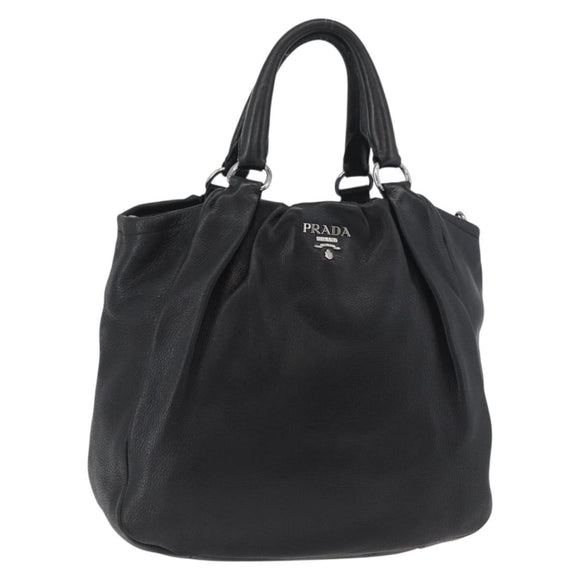 PRADA Hand Bag Leather Black Silver Auth 179447A