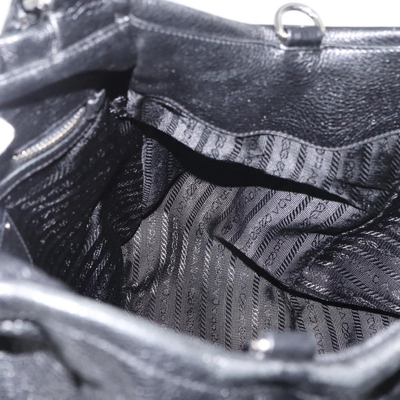 PRADA Hand Bag Leather Black Silver Auth 179447A