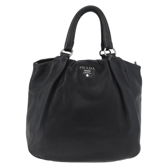 PRADA Hand Bag Leather Black Silver Auth 179447A