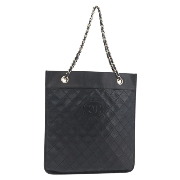 CHANEL Matelasse Chain Tote Bag Lamb Skin Black Gold CC Auth 179471