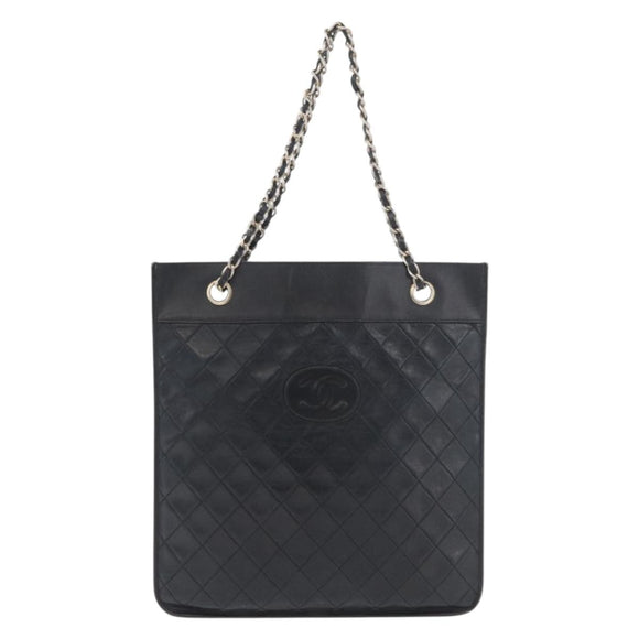 CHANEL Matelasse Chain Tote Bag Lamb Skin Black Gold CC Auth 179471