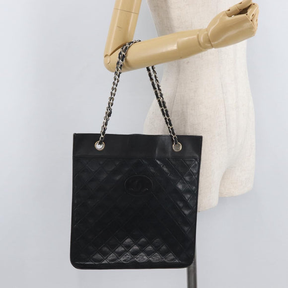 CHANEL Matelasse Chain Tote Bag Lamb Skin Black Gold CC Auth 179471