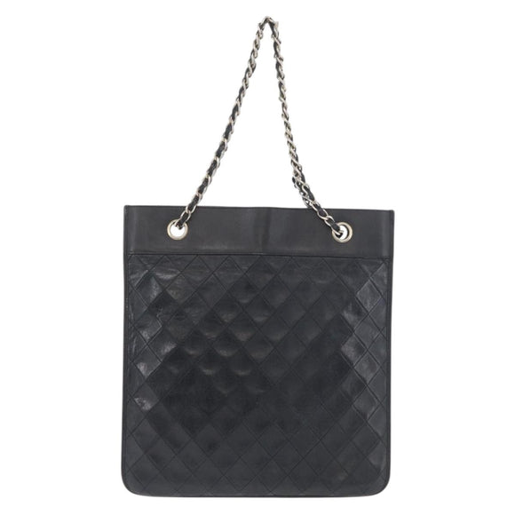 CHANEL Matelasse Chain Tote Bag Lamb Skin Black Gold CC Auth 179471