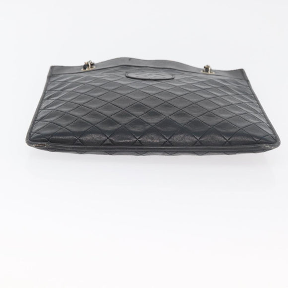 CHANEL Matelasse Chain Tote Bag Lamb Skin Black Gold CC Auth 179471