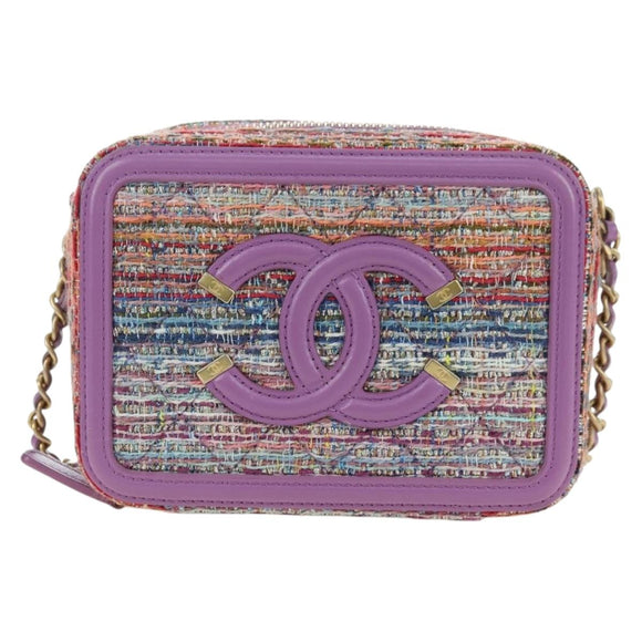 CHANEL Matelasse Ketting Schoudertas Tweed Paars Goud CC Auth 179491SAM