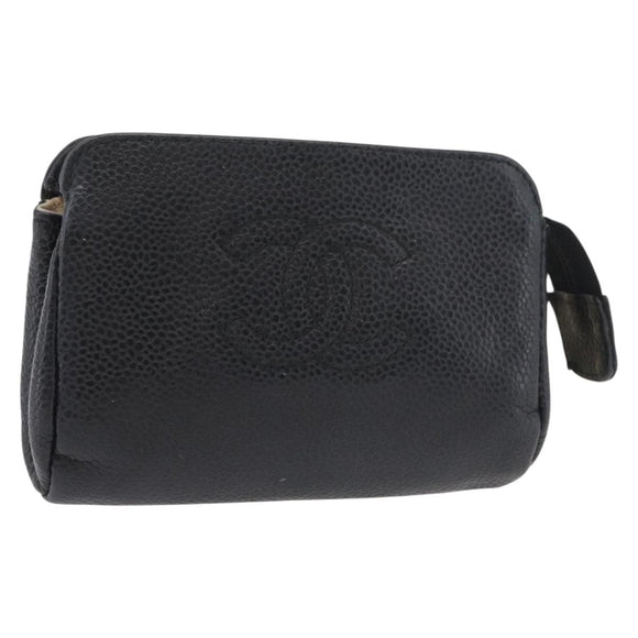 CHANEL Coin Purse Caviar Skin Black Gold CC Auth 179496A