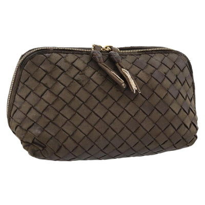 BOTTEGA VENETA INTRECCIATO Pouch Leather Brown Gold Auth 179520