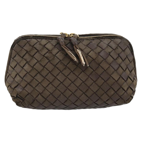 BOTTEGA VENETA INTRECCIATO Pouch Leder Braun Gold Auth 179520