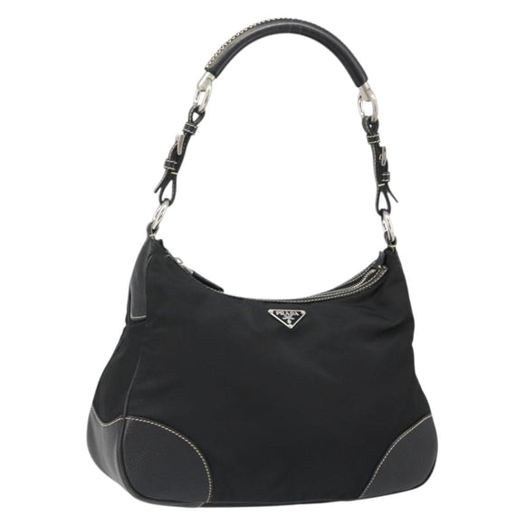 PRADA Shoulder Bag Nylon Leather Black Silver Auth 179529A