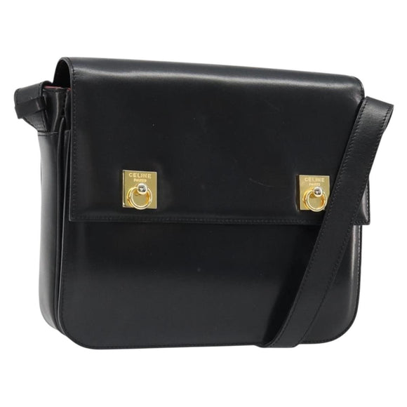 CELINE Shoulder Bag Leather Black Gold Auth 179534A