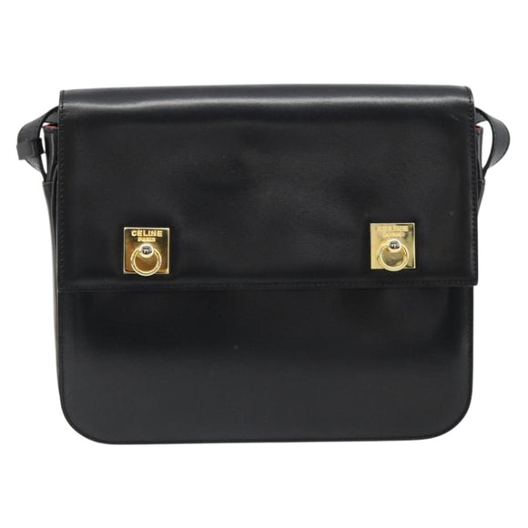 CELINE Shoulder Bag Leather Black Gold Auth 179534A