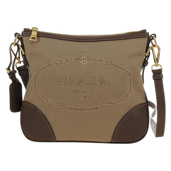 PRADA Shoulder Bag Canvas Beige Gold Auth 179538V