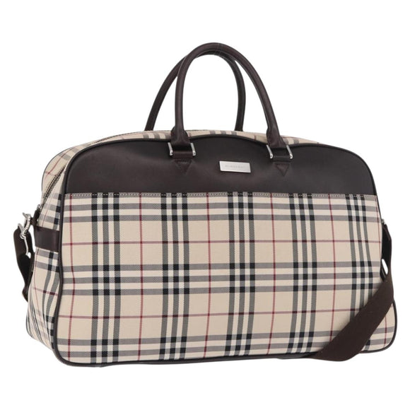 BURBERRY Nova Check Boston Bag Canvas 2way Beige Silver Auth 179541A